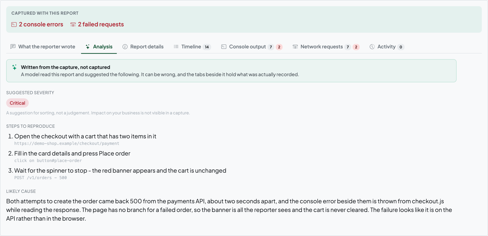 A report's analysis panel, showing steps to reproduce, a likely cause and a suggested severity