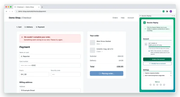 The Session Replay panel open beside a page in Chrome, offering a screenshot or a recording