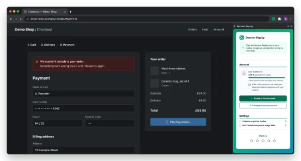 The Session Replay panel open beside a page in Chrome, offering a screenshot or a recording