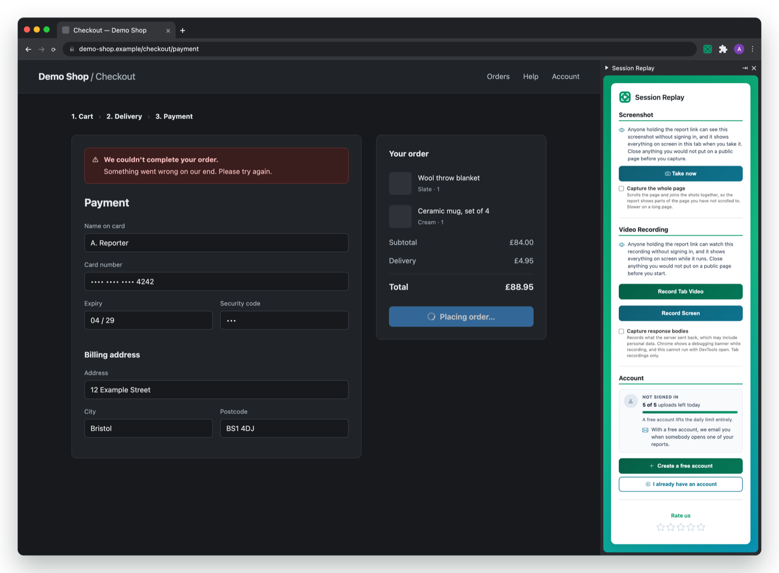 The Session Replay panel open beside a page in Chrome, offering a screenshot or a recording