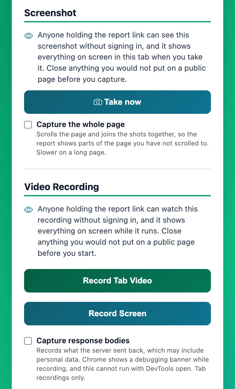The panel's capture buttons - Take now, Record Tab Video and Record Screen - with the response-bodies switch under them