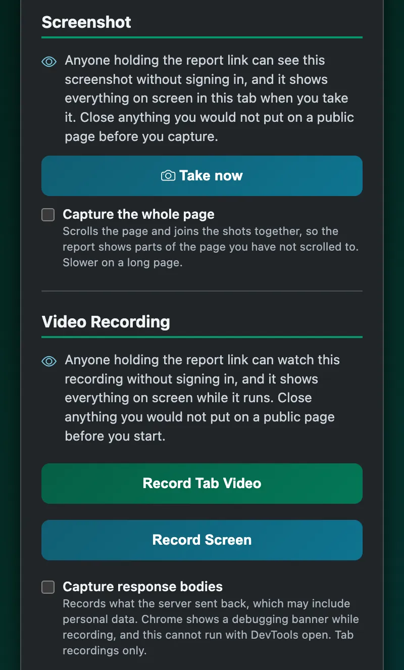 The panel's capture buttons - Take now, Record Tab Video and Record Screen - with the response-bodies switch under them