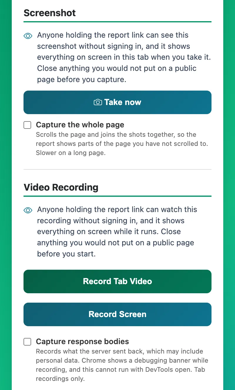 The panel's capture buttons - Take now, Record Tab Video and Record Screen - with the response-bodies switch under them