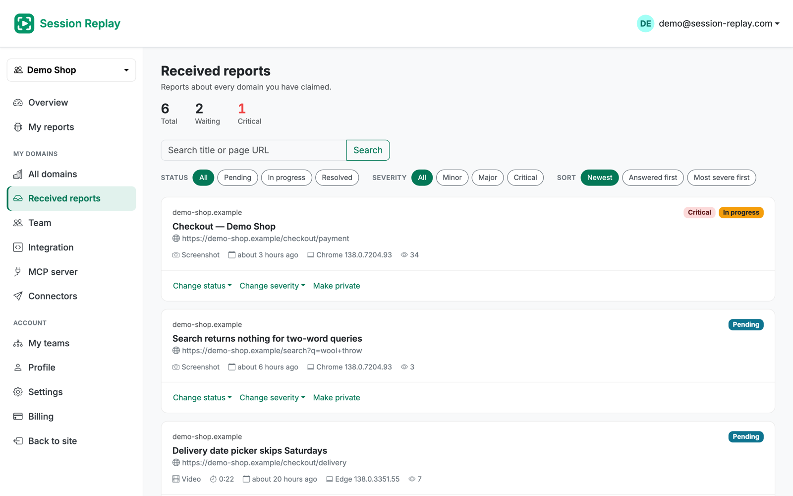 The reports list in a Session Replay account