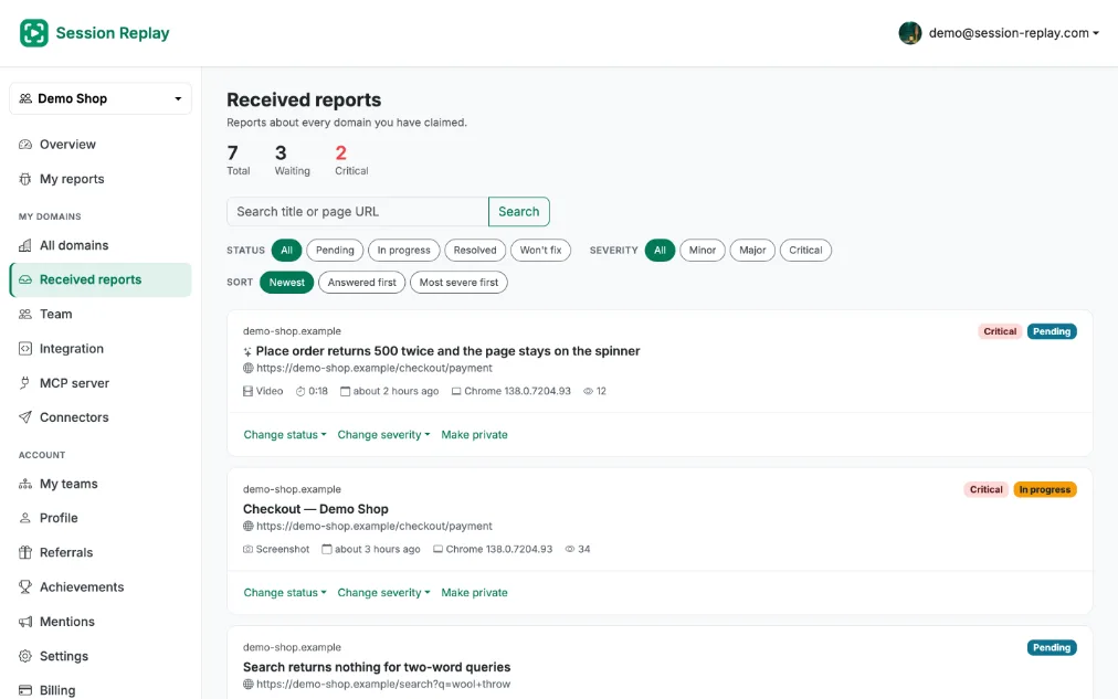 The reports list in a Session Replay account, showing every report for a domain with its status