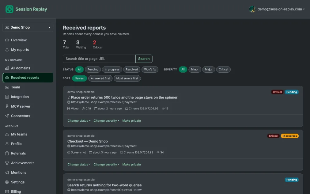 The reports list in a Session Replay account, showing every report for a domain with its status