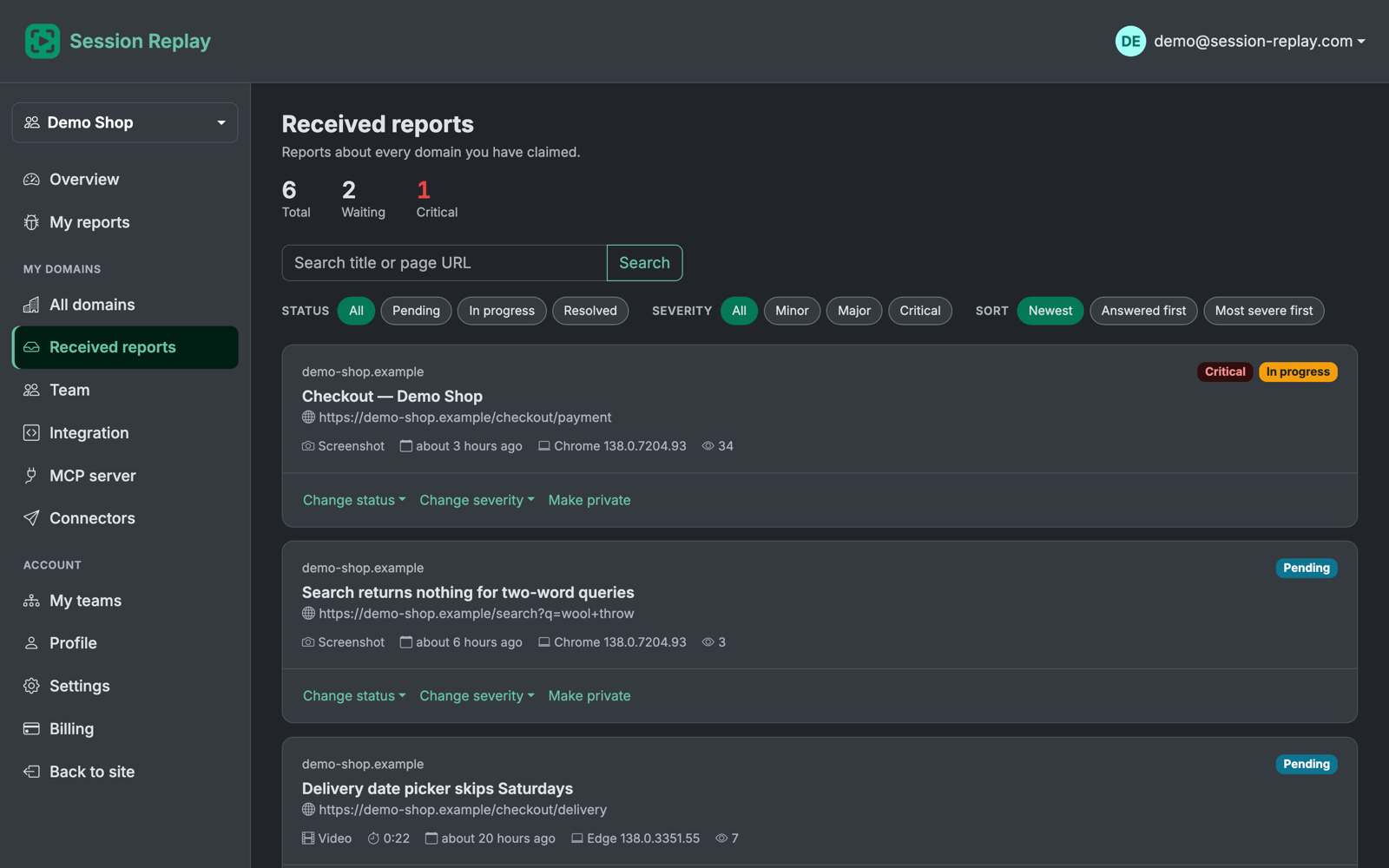 The reports list in a Session Replay account