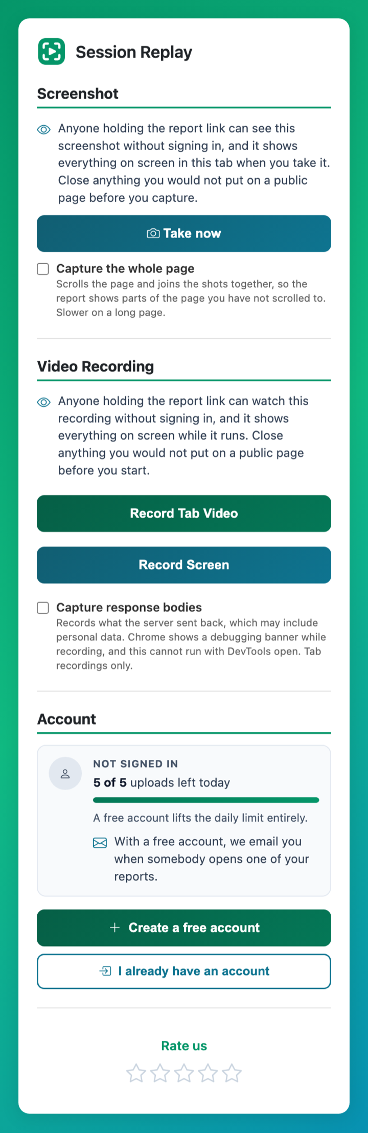 The Session Replay panel open in Chrome's side panel