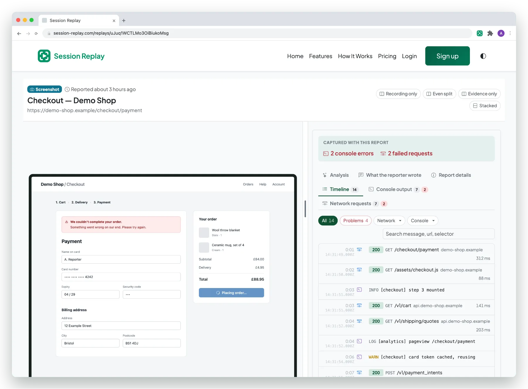 A finished report open at its own web address, the capture on one side and the timeline of console, network and click events beside it