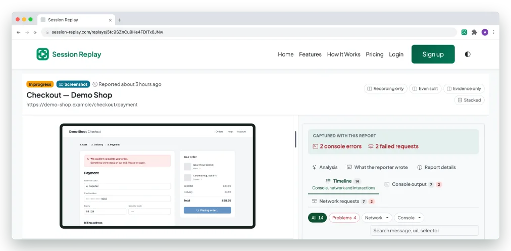 A finished report open at its own web address, the capture on one side and the timeline of console, network and click events beside it