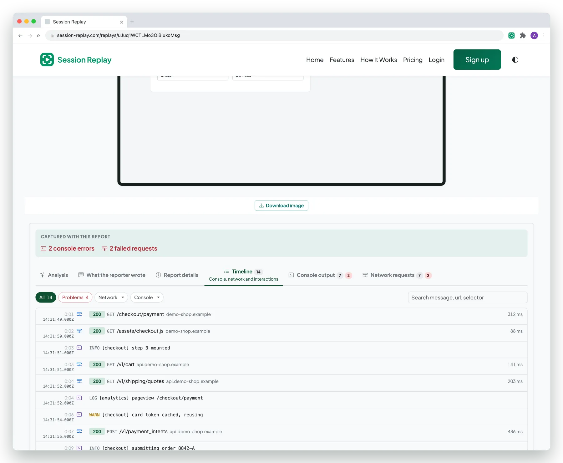 A finished report open at its own web address, the capture on one side and the timeline of console, network and click events beside it