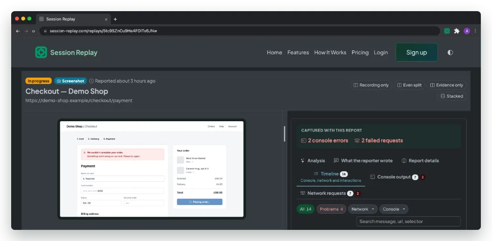 A finished report open at its own web address, the capture on one side and the timeline of console, network and click events beside it