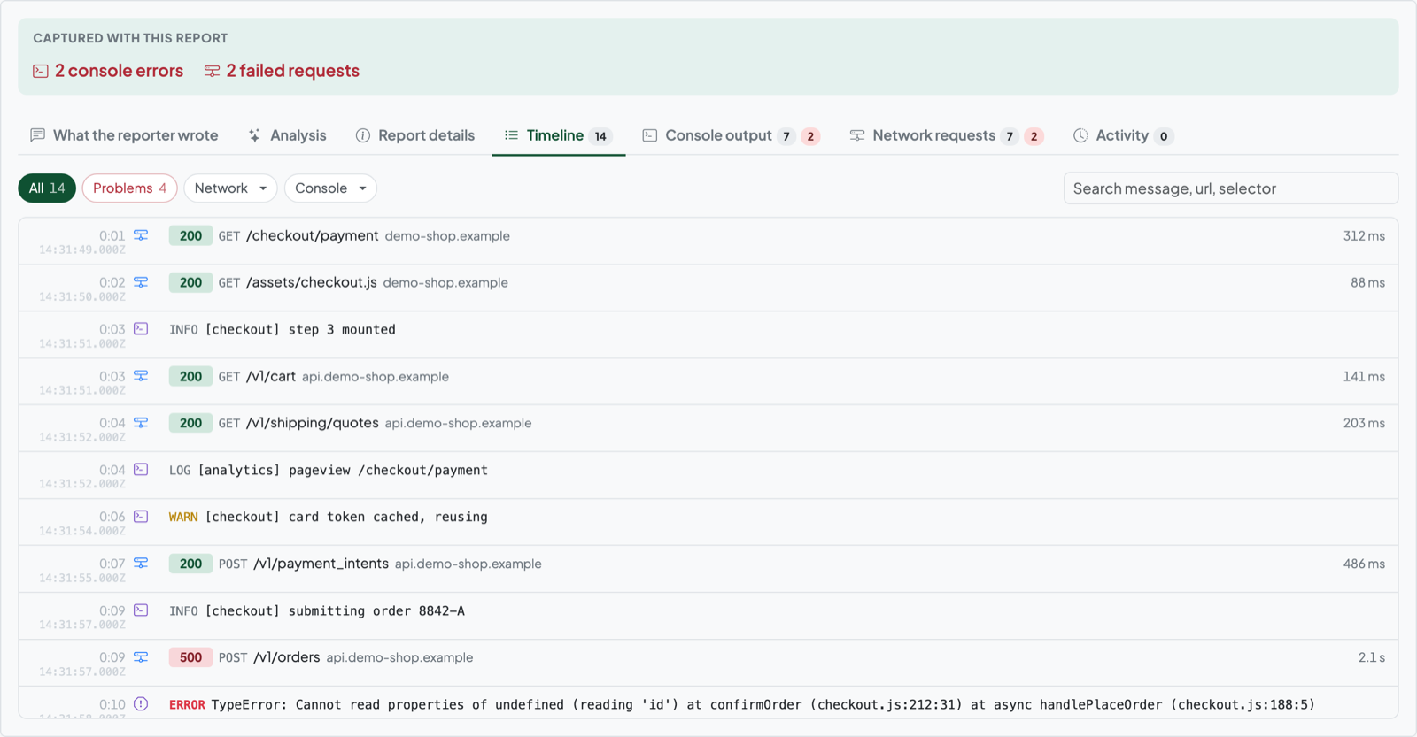 A report's timeline panel, listing console errors, network requests and clicks against the time each happened