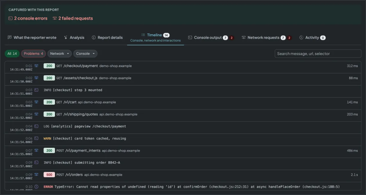 A report's timeline listing console errors, network requests and clicks against the time each happened