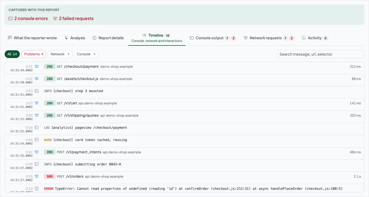 A report's timeline listing console errors, network requests and clicks against the time each happened