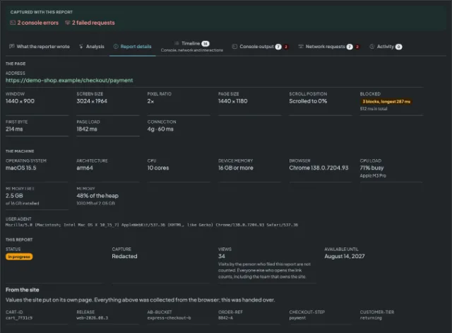 A shared report showing the recording, the reporter's note, the console output and the browser it was captured in