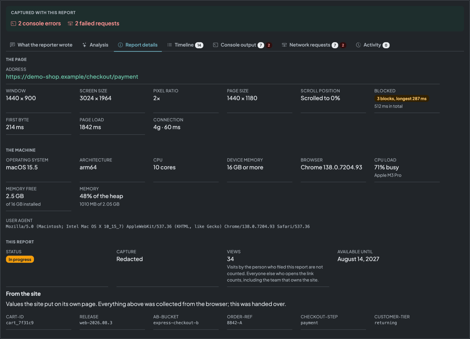 A shared report showing the reporter's note, console output and browser details