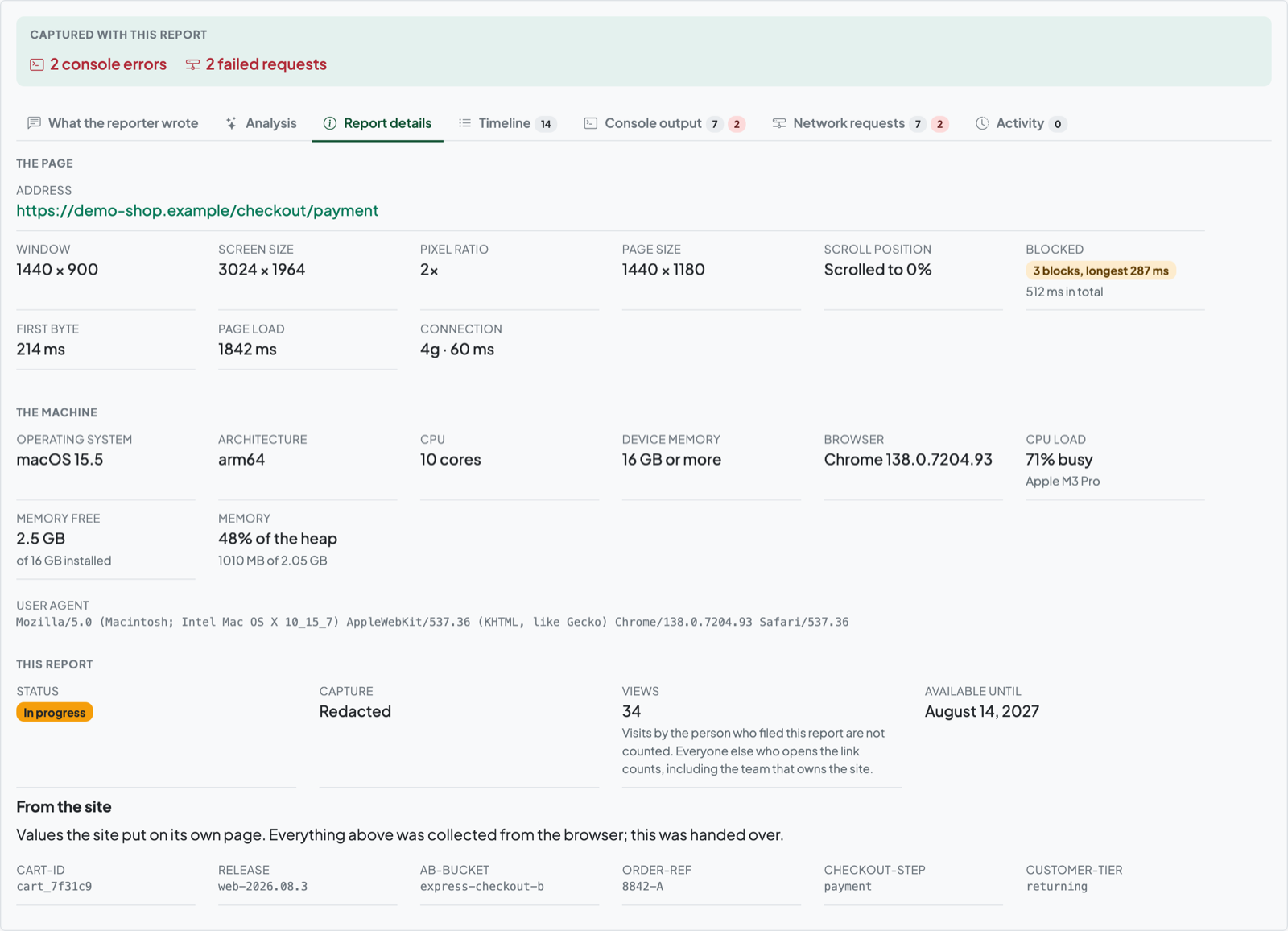 A shared report showing the reporter's note, console output and browser details