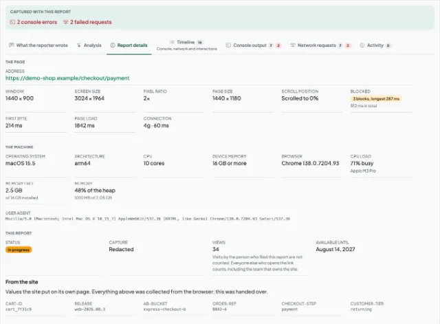 A shared report showing the recording, the reporter's note, the console output and the browser it was captured in