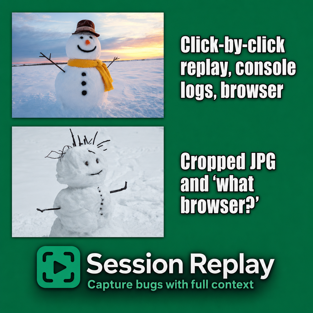 Click-by-click replay, console logs, browser Cropped JPG and 'what browser?'