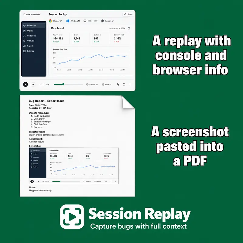 A replay with console and browser info A screenshot pasted into a PDF
