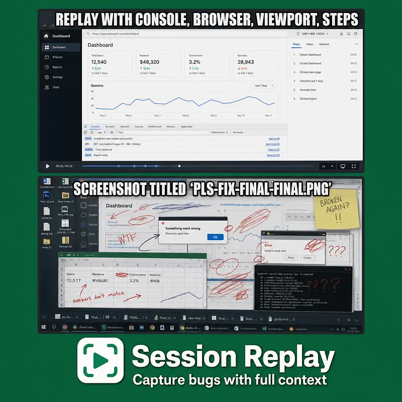 Replay with console, browser, viewport, steps Screenshot titled 'pls-fix-final-FINAL.png'