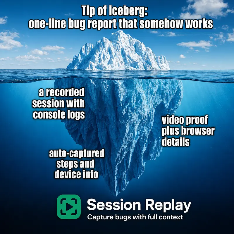 Tip of iceberg: one-line bug report that somehow works Underwater: a recorded session with console logs, video proof plus browser details, auto-captured steps and device info