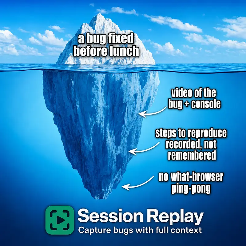 Tip of iceberg: a bug fixed before lunch Underwater: video of the bug + console, steps to reproduce recorded, not remembered, no what-browser ping-pong