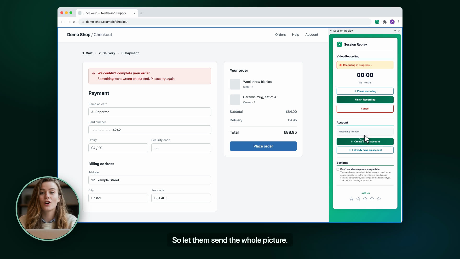 Still frame from Session Replay: one click captures the console, network and browser